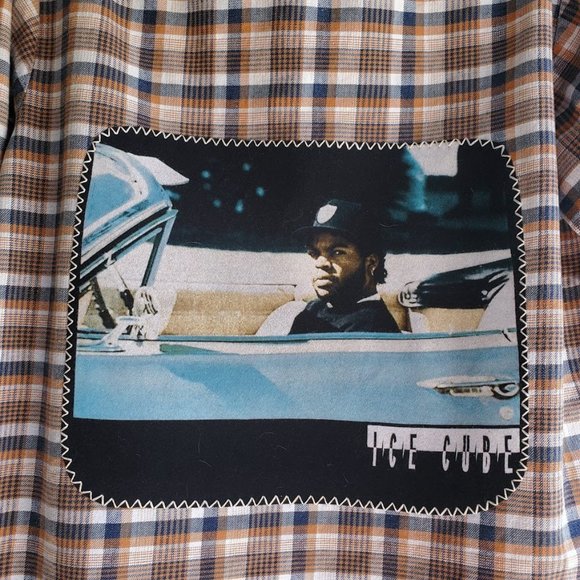 Upcycled Flannel Shirt ICE CUBE Music Rapper Graphic Tee on Back - Picture 3 of 5